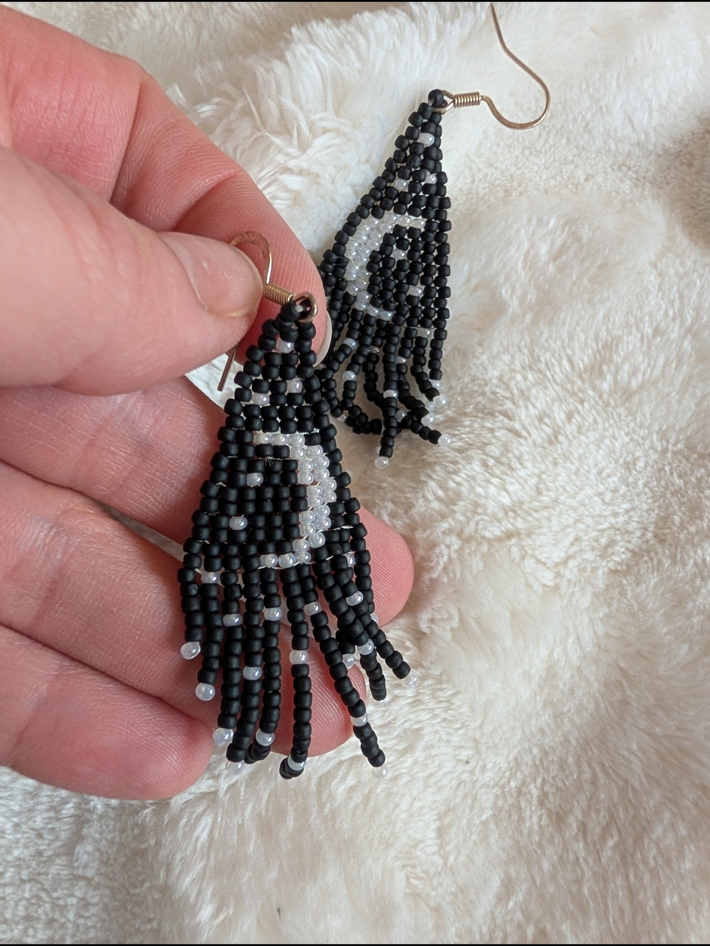 Handmade Black White Seed Bead Fringe Earrings Boho Statement